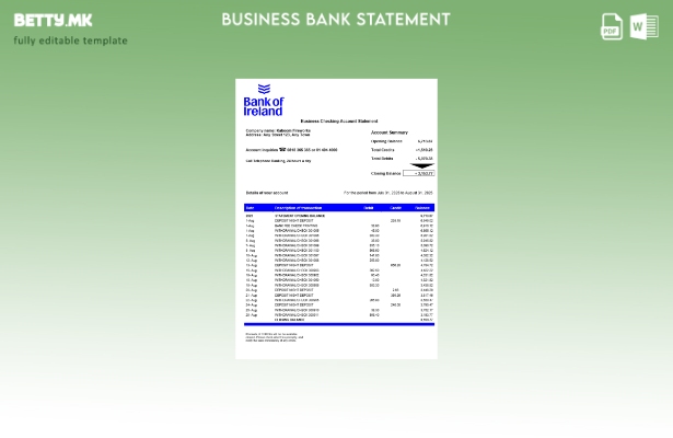 Модерен стил Извод на сметка на фирмата на Банката на Ирска, Word и PDF шаблон